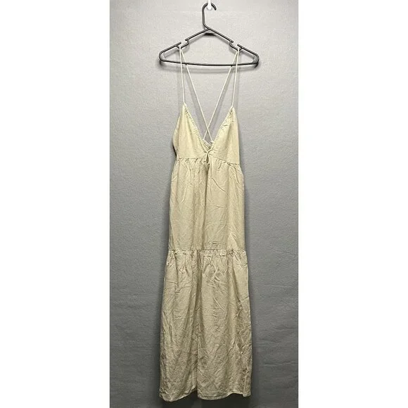 Sim & Sam Beige Halter Midi Dress Rayon & Linen Milkmaid Style Size M - Picture 1 of 6